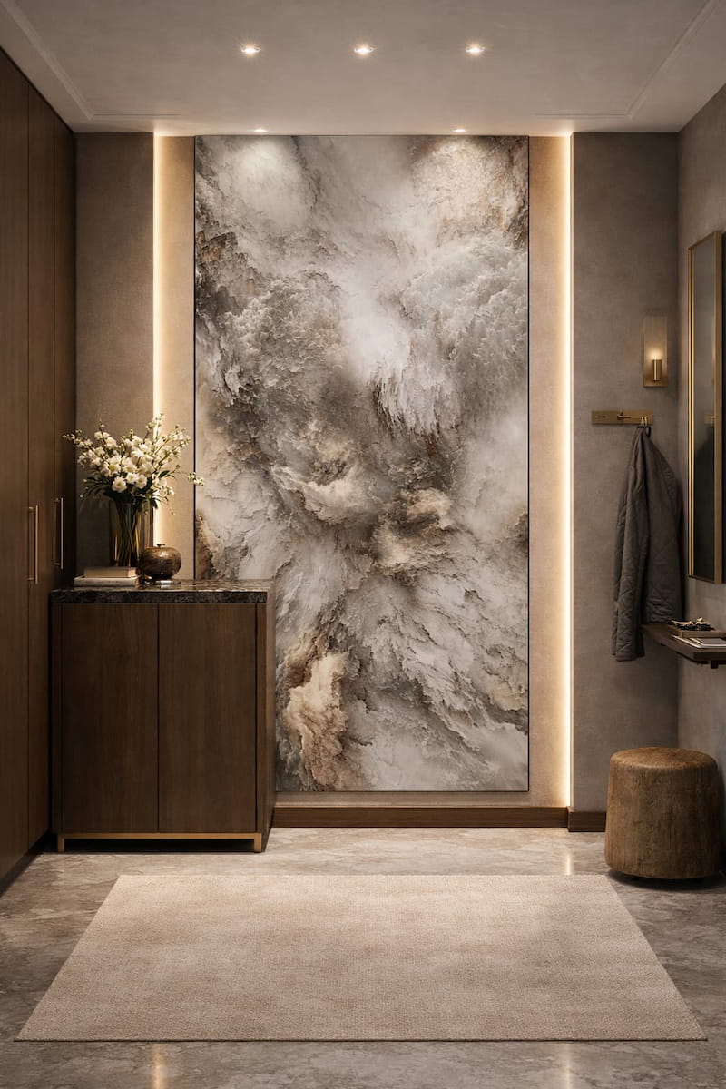 Soggiorno con grande parete effetto marmo scuro e venature oro